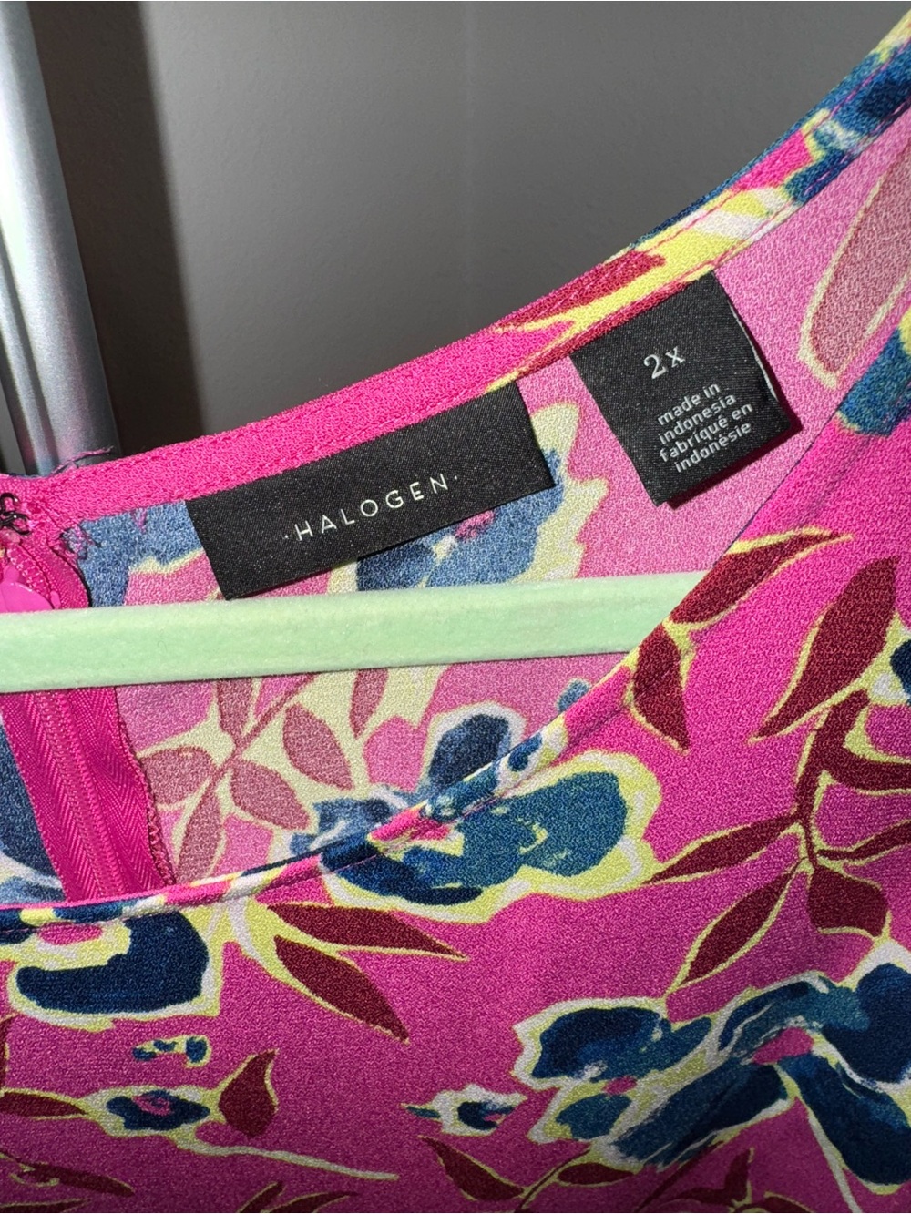 Halogen Pink Floral Dress Blue and Green Accents Zipper Resortwear Maximalist - Picture 4 of 5